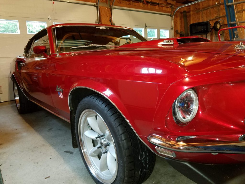 69 Mustang with 17x8" front wheels with 5" backspace.  This would not work with stock suspension.  Fits perfectly with Street-or-Track upper and lower suspension arms.